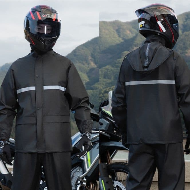 バイクウェア 高耐久レインウェア 24時間防水・反射材付き上下セット 雨天走行対応モデル